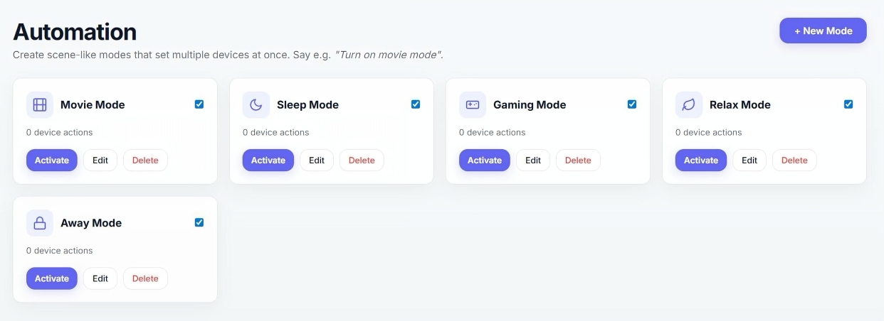 Lyra automation modes — movie, sleep, gaming, relax and away