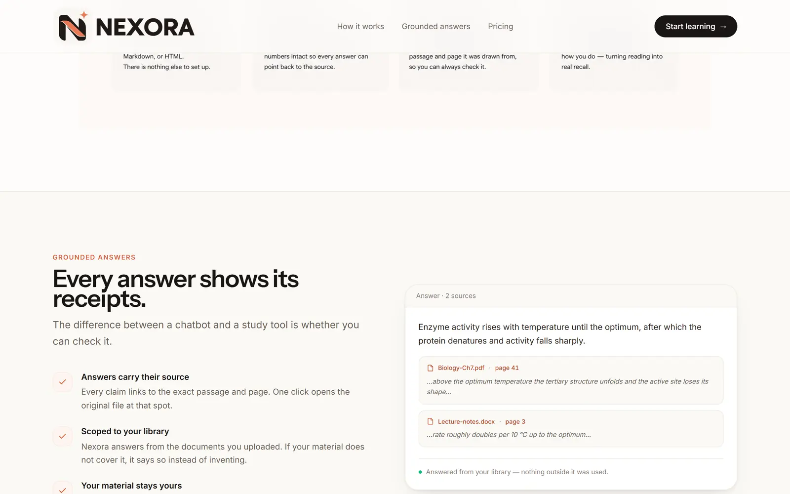 Nexora grounded answer showing two sources with page numbers