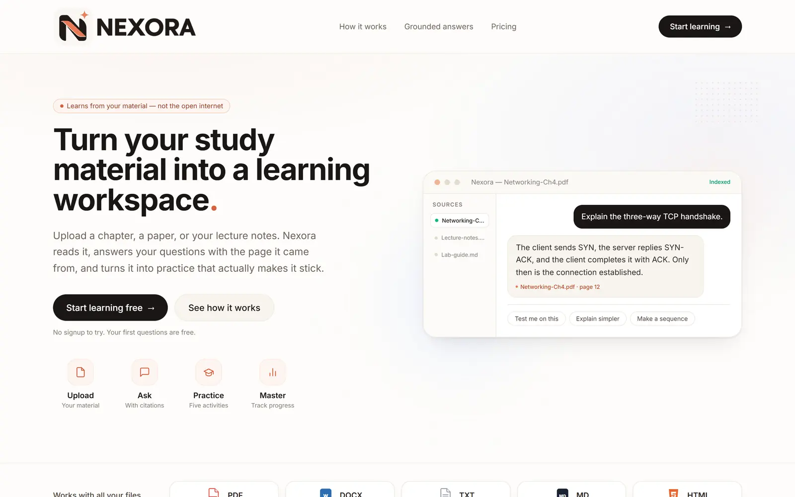 Nexora landing page — turn study material into a learning workspace