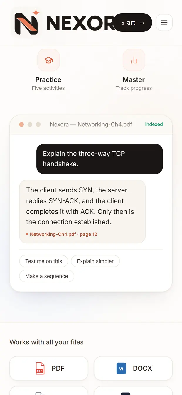 Nexora on a phone showing a cited answer