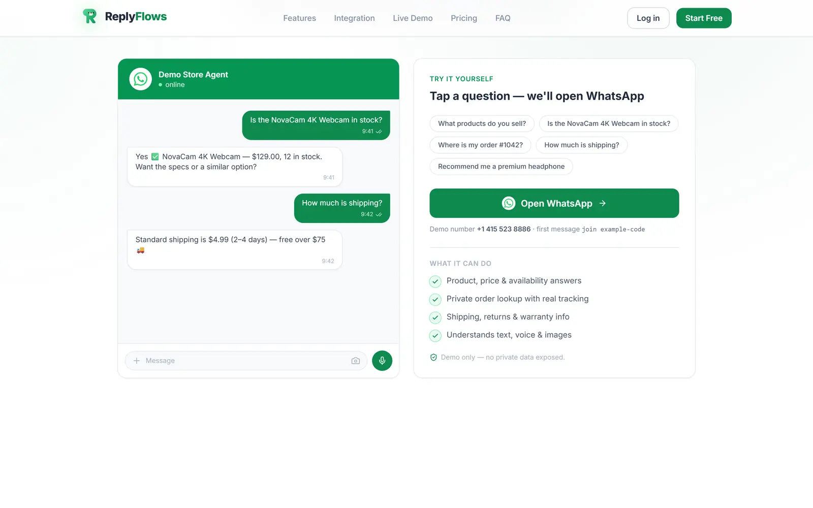 ReplyFlows live demo section with prefilled WhatsApp questions
