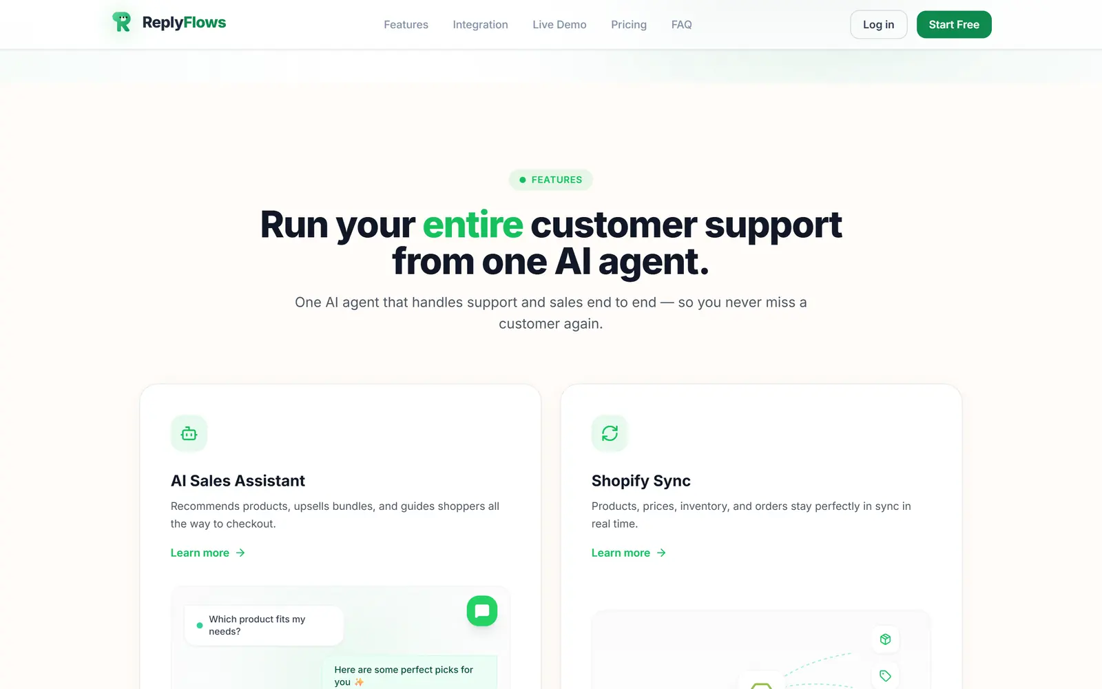 ReplyFlows feature section describing one agent for support and sales