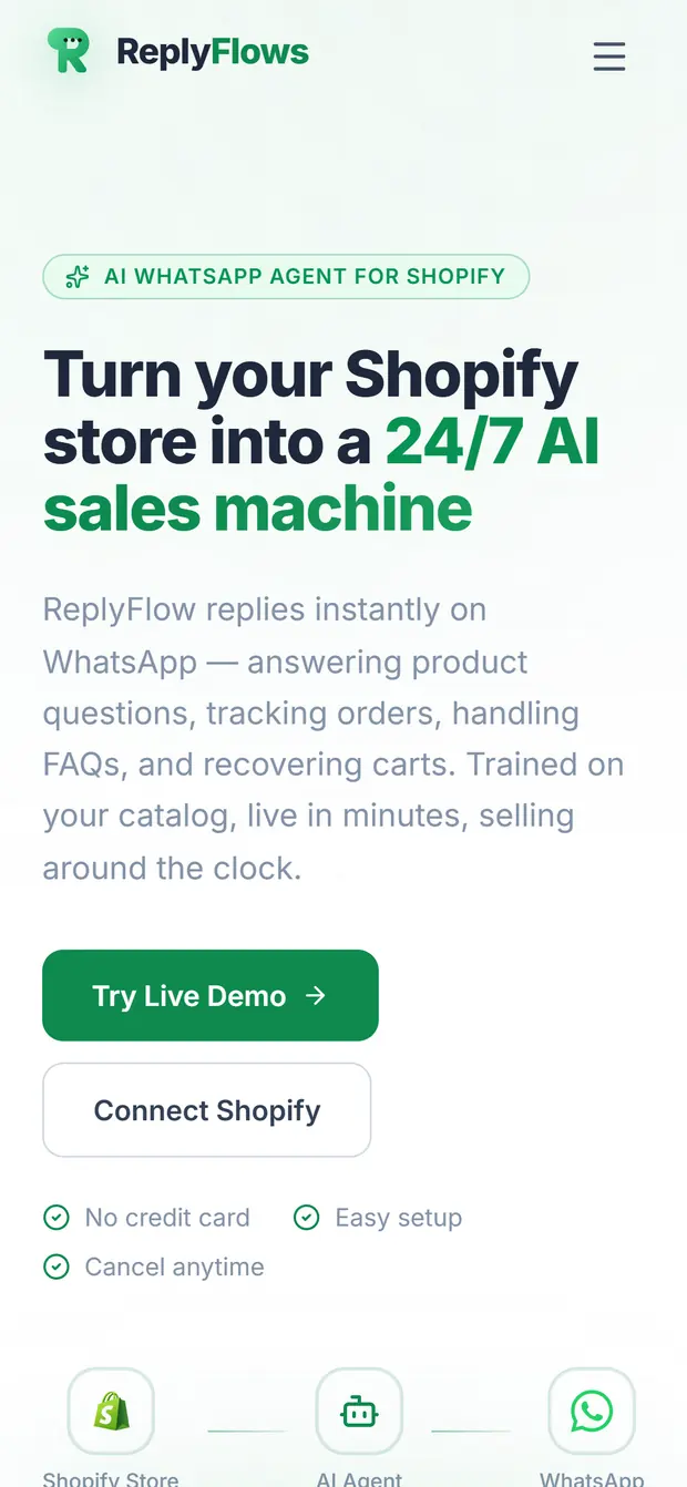 ReplyFlows landing page on a phone