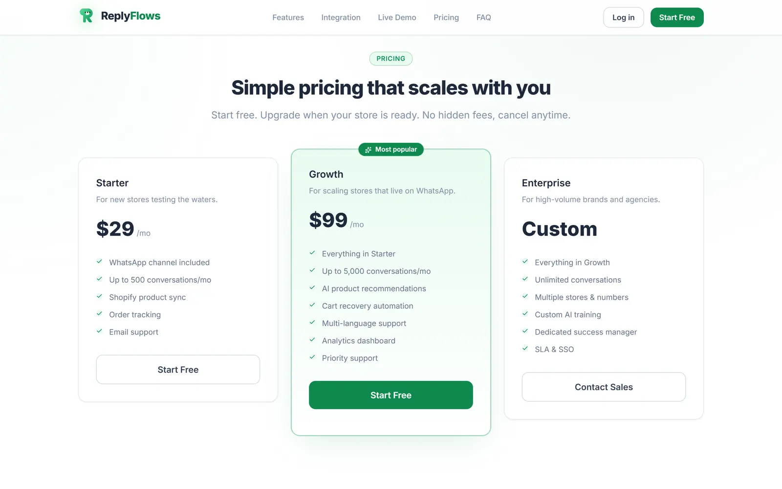 ReplyFlows pricing tiers