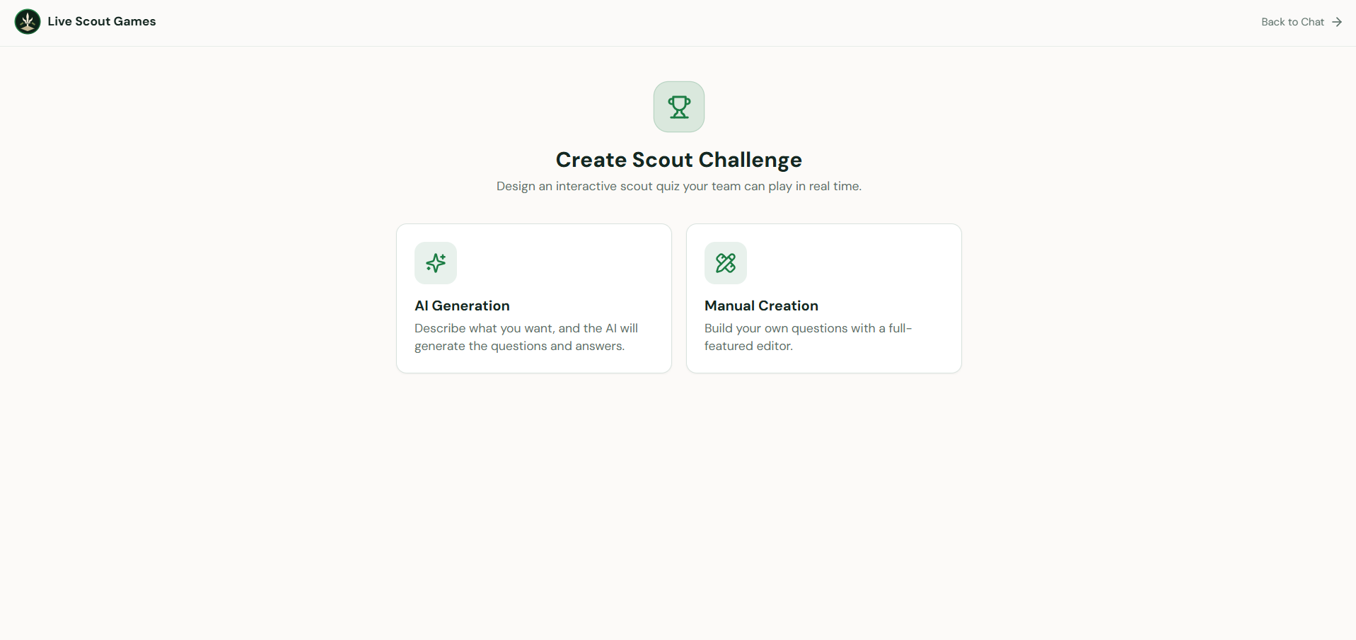 Create Scout Challenge page with AI Generation and Manual Creation options