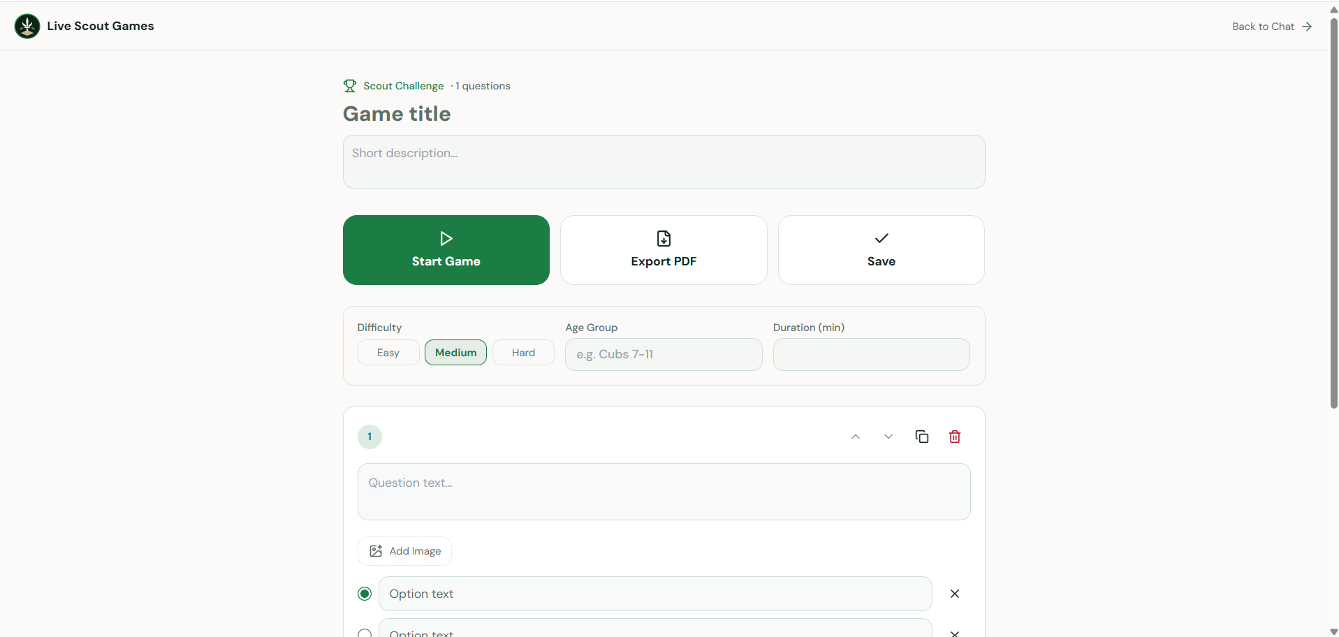 Scout challenge editor with difficulty, age group, and question editing